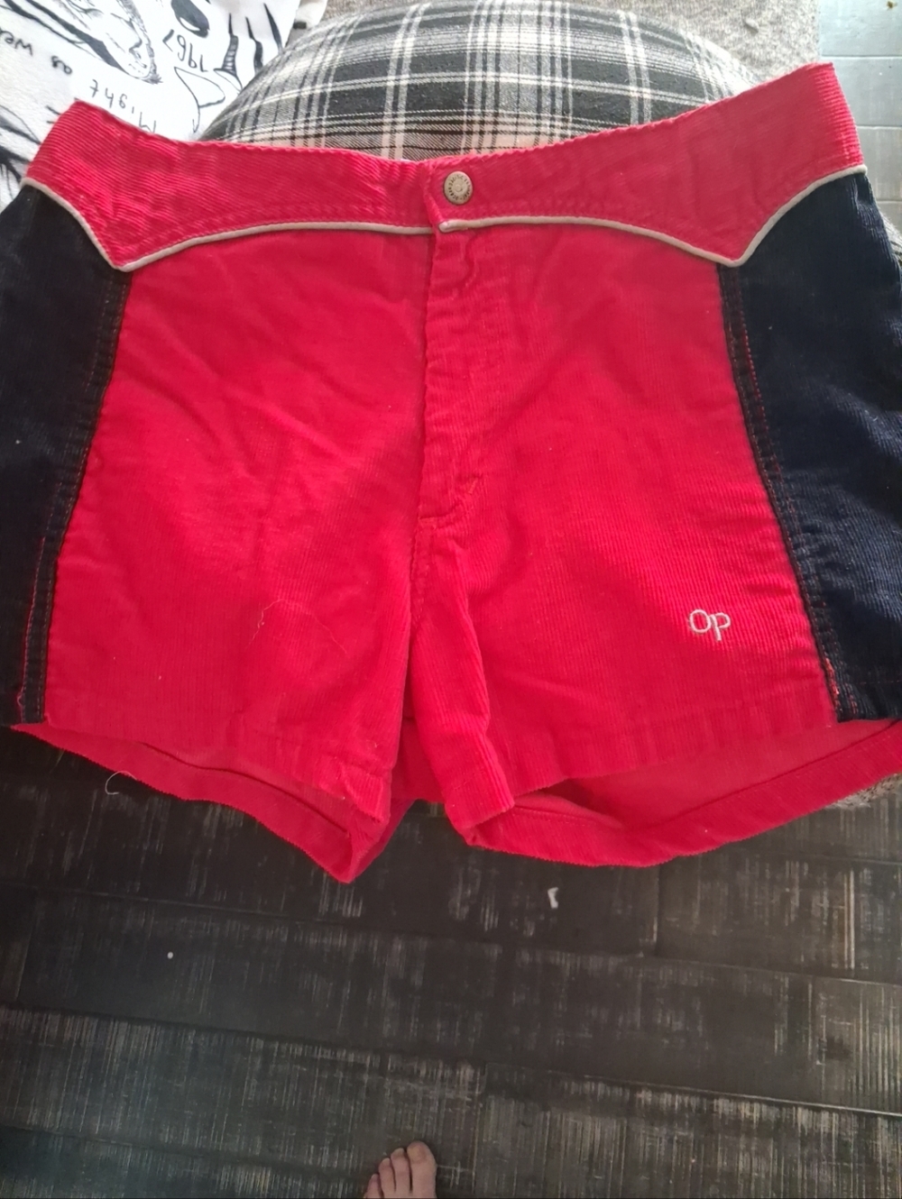 OP Mens 80's Vintage Red Corduroy Surf Shorts with Blue Side Panels
